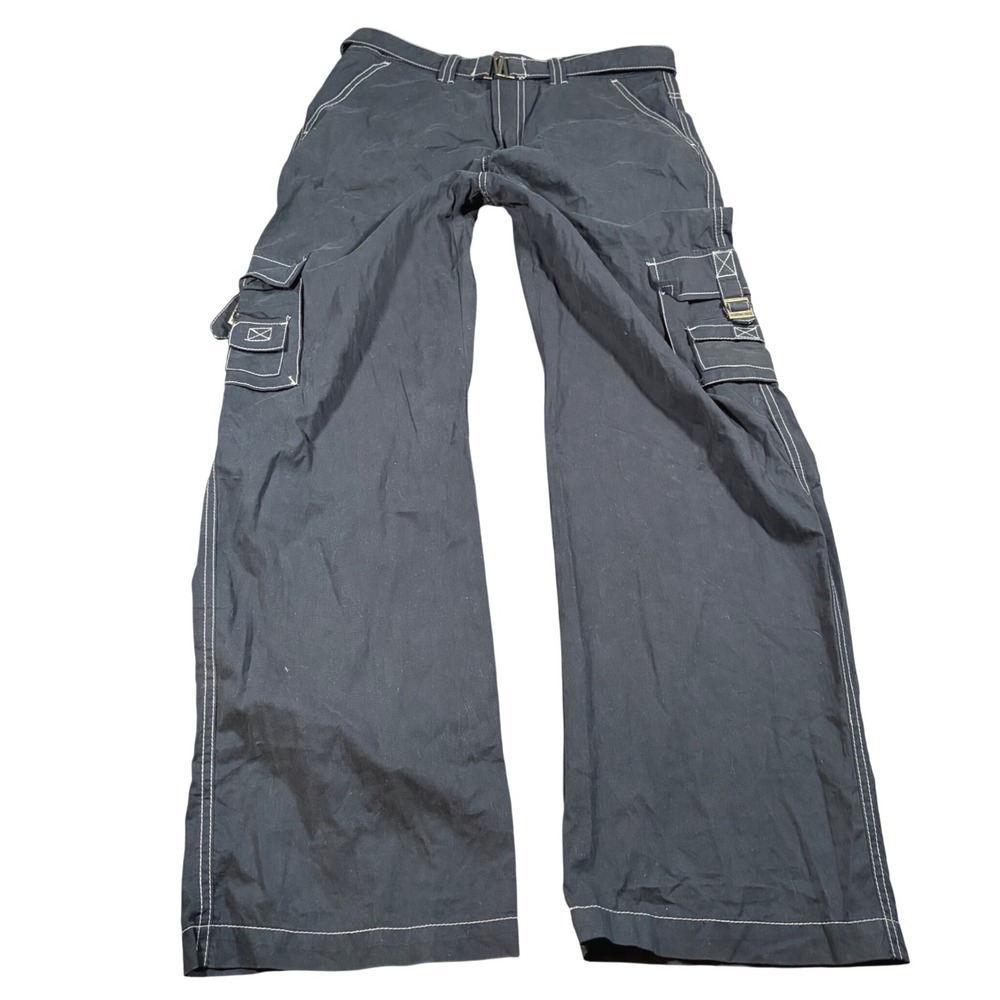 Y2K Grunge Black Cargo Pants White Contrast Stitch Wide Leg